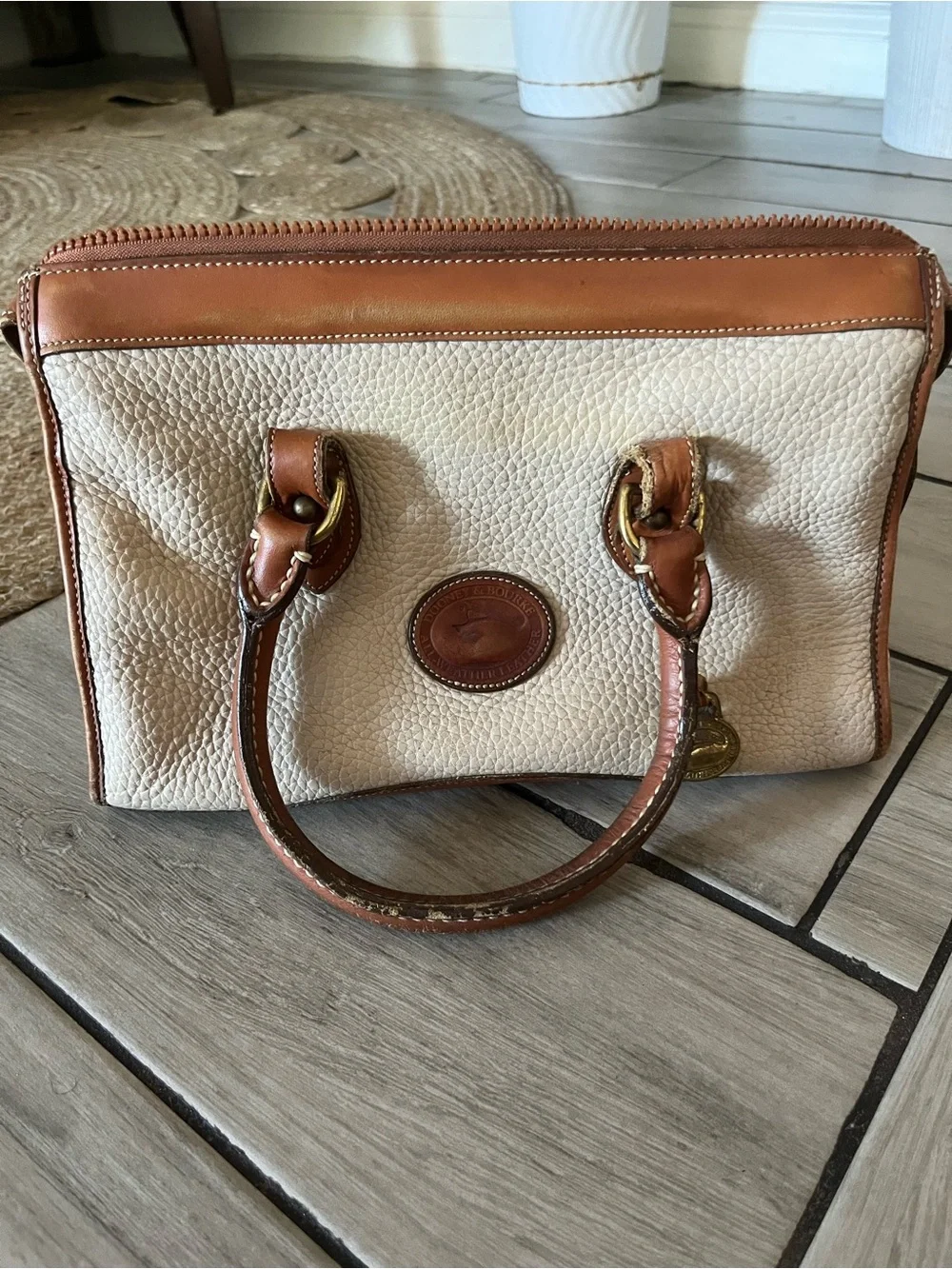 Dooney & Bourke Cream Pebbled Leather Satchel with Brown Trim